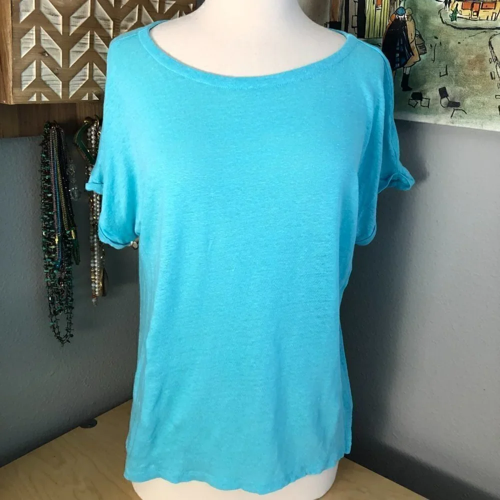 Charter Club Luxury Linen Top Women's size M Aqua Blue Short Sleeve NEW - Picture 1 of 6